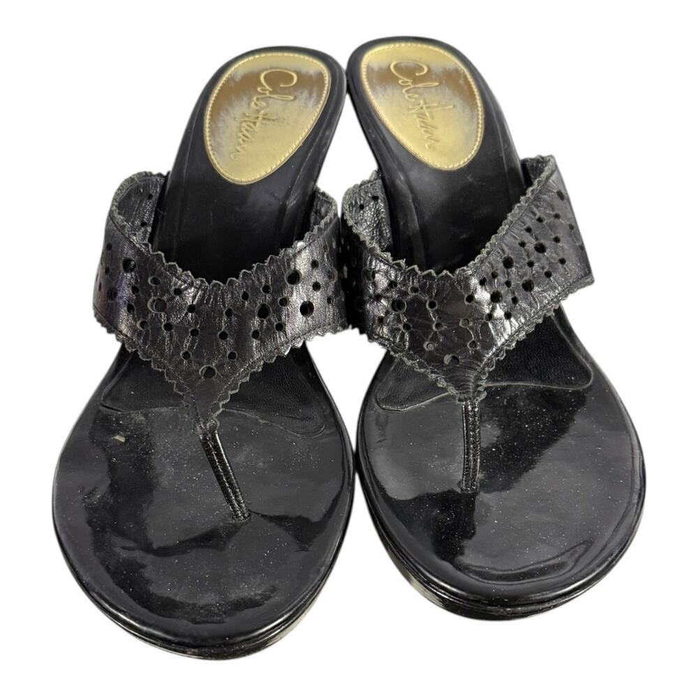 Cole Haan Black Leather Wedge Sandals Women’s Size 10B Open Toe Slip-On - Picture 3 of 8